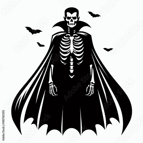 Skeleton wearing a Dracula cape. Halloween Skull Bones Anatomy Skeletal Clipart Line Art Vector Illustration. Bony figure donned in vampire cloak spooky costumed representation.
