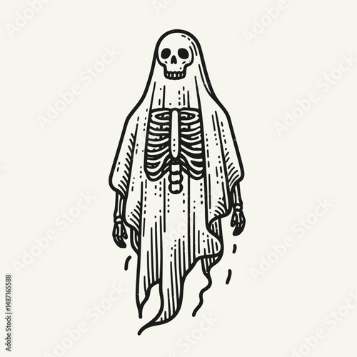 Skeleton wearing a ghost sheet. Halloween Skull Bones Anatomy Skeletal Clipart Line Art Vector Illustration. Bony phantom figure shrouded beneath ethereal linen spooky decoration.