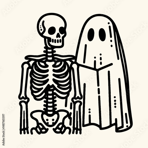 Skeleton wearing a ghost sheet. Halloween Skull Bones Anatomy Skeletal Clipart Line Art Vector Illustration. Bony phantom figure covered by linen fabric spooky apparition costume idea.