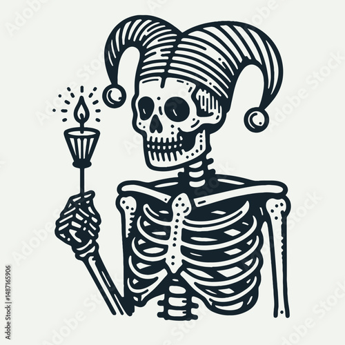 Skeleton wearing a jester hat. Halloween Skull Bones Anatomy Skeletal Clipart Line Art Vector Illustration. Bony figure adorned with fool cap whimsical macabre carnival costume attire.