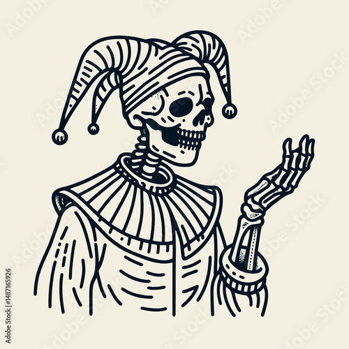 Skeleton wearing a jester hat. Halloween Skull Bones Anatomy Skeletal Clipart Line Art Vector Illustration. Bony form adorned with fools headgear macabre comic icon.