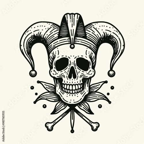 Skeleton wearing a jester hat. Halloween Skull Bones Anatomy Skeletal Clipart Line Art Vector Illustration. Bony figure in motley headgear harlequin skull spooky macabre comical.