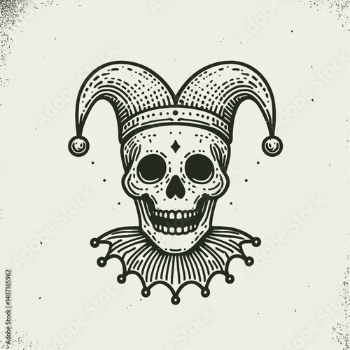 Skeleton wearing a jester hat. Halloween Skull Bones Anatomy Skeletal Clipart Line Art Vector Illustration. Boney figure in motley headwear comical death spooky carnival apparel.