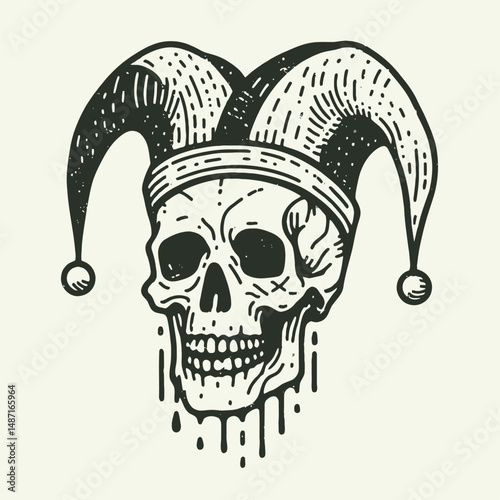 Skeleton wearing a jester hat. Halloween Skull Bones Anatomy Skeletal Clipart Line Art Vector Illustration. Bony figure with harlequin headwear playful macabre concept design.