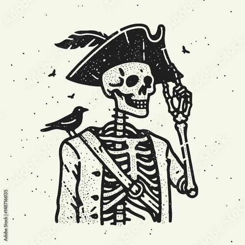 Skeleton wearing a pirate costume. Halloween Skull Bones Anatomy Skeletal Clipart Line Art Vector Illustration. Bony buccaneer figure in fancy dress maritime themed deceased icon.