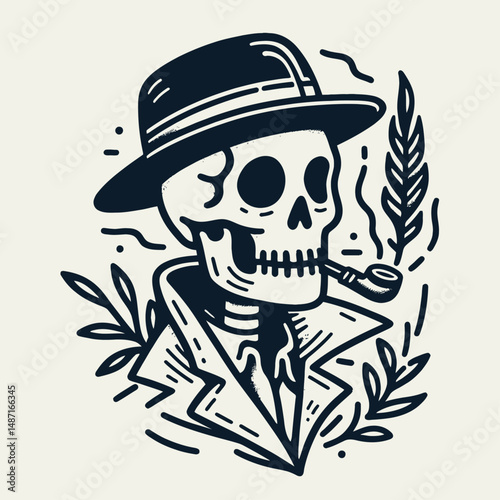 Skeleton wearing a top hat and cape. Halloween Skull Bones Anatomy Skeletal Clipart Line Art Vector Illustration. Bony phantom with formal headwear broadcloth mantle an uncanny concept.