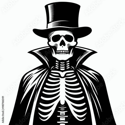 Skeleton wearing a top hat and cape. Halloween Skull Bones Anatomy Skeletal Clipart Line Art Vector Illustration. Bony figure donning formal headgear cloak macabre elegant costume.