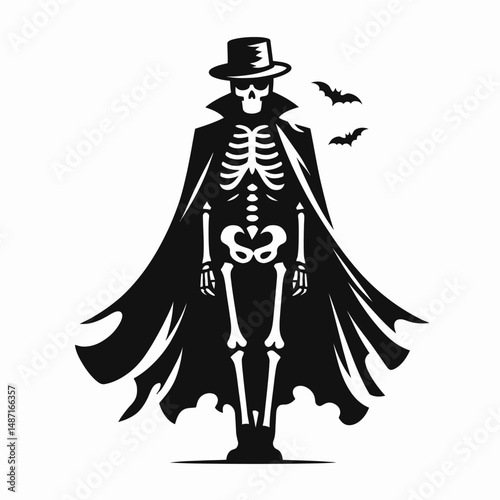 Skeleton wearing a top hat and cape. Halloween Skull Bones Anatomy Skeletal Clipart Line Art Vector Illustration. Bony figure in formal headgear with cloak elegant apparition.