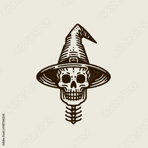 Skeleton wearing a witchs hat. Halloween Skull Bones Anatomy Skeletal Clipart Line Art Vector Illustration. Bony frame in conical headgear spooky image for festive magic holiday.