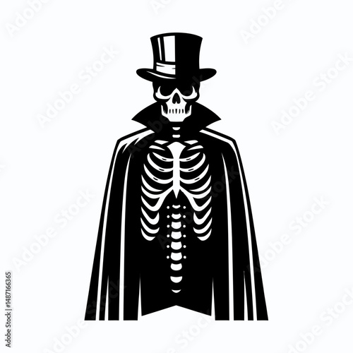 Skeleton wearing a top hat and cape. Halloween Skull Bones Anatomy Skeletal Clipart Line Art Vector Illustration. Bony figure in formal headwear cloak spooky apparition concept.