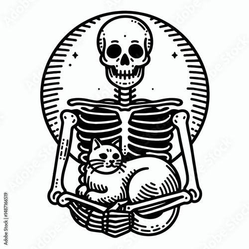 Skeleton with a black cat on its lap. Halloween Skull Bones Anatomy Skeletal Clipart Line Art Vector Illustration. Bony figure dark feline upon thigh gothic horror concept.
