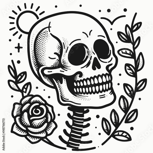 Skeleton with a creepy smile. Halloween Skull Bones Anatomy Skeletal Clipart Line Art Vector Illustration. Boney figure flaunting sinister grin eerie apparition bone structure visage.