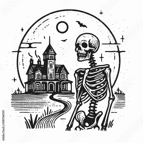 Skeleton with a haunted mansion in the background. Halloween Skull Bones Anatomy Skeletal Clipart Line Art Vector Illustration. Bony figure before eerie dwelling backdrop creepy home.