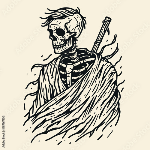 Skeleton with a tattered cape. Halloween Skull Bones Anatomy Skeletal Clipart Line Art Vector Illustration. figure in torn mantle spooky horror garb eerie costume.