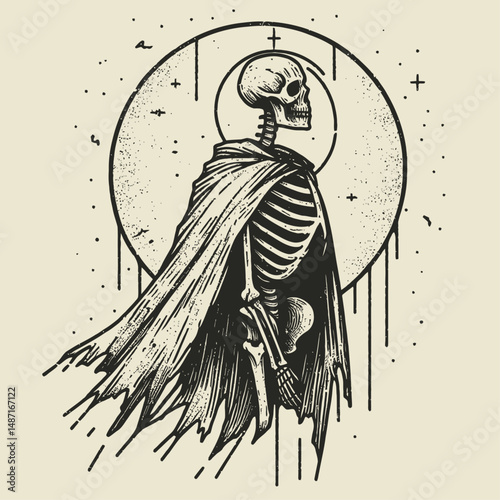 Skeleton with a tattered cape. Halloween Skull Bones Anatomy Skeletal Clipart Line Art Vector Illustration. Bony figure in ragged cloak undead apparition frail mantle.