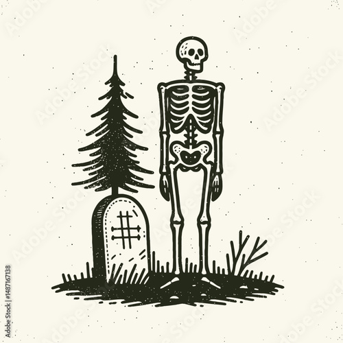 Skeleton with a tombstone. Halloween Skull Bones Anatomy Skeletal Clipart Line Art Vector Illustration. Bony remains at grave marker spooky sepulcher image death concept.