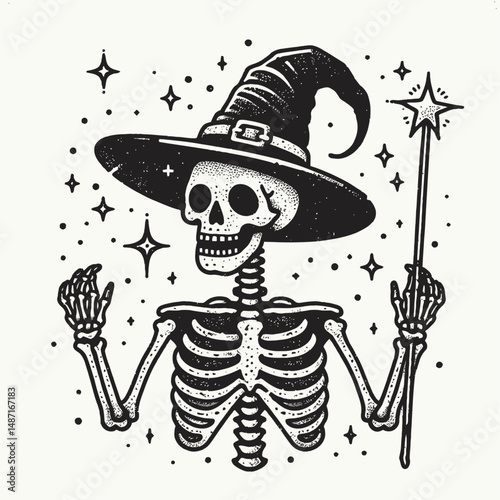 Skeleton with a witchs hat and wand. Halloween Skull Bones Anatomy Skeletal Clipart Line Art Vector Illustration. Bony figure in peaked wizard headgear holding magic stick for enchantment.