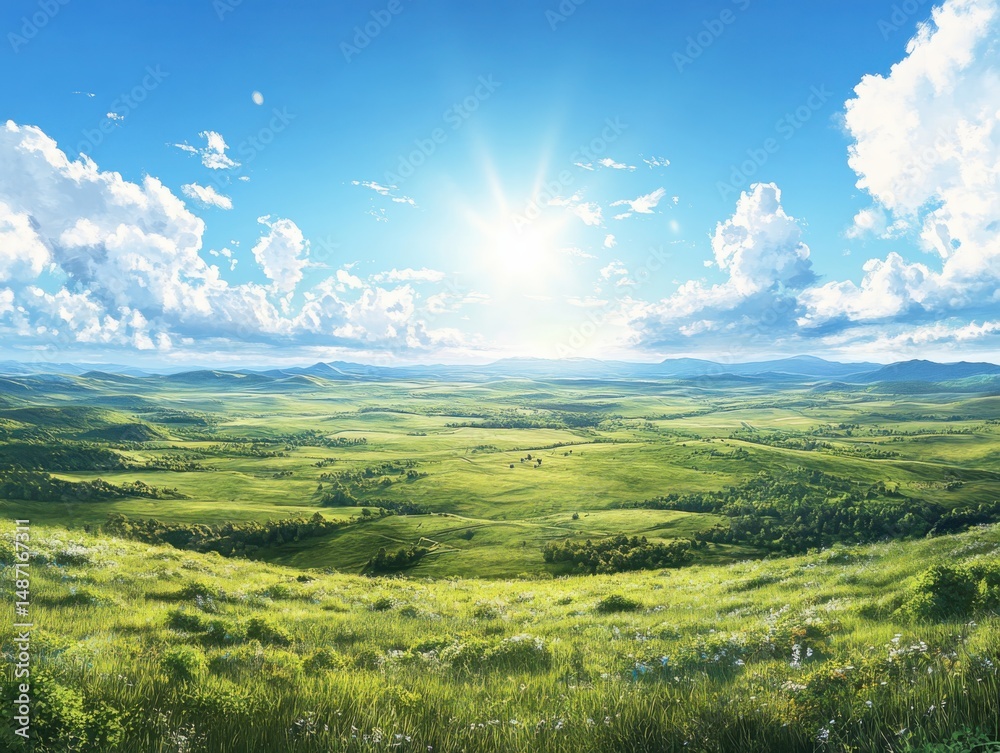 Obraz premium Breathtaking sunrise over expansive green meadows nature landscape scenic vista tranquil environment panoramic view