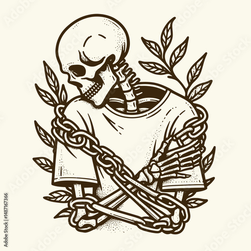 Skeleton wrapped in chains. Halloween Skull Bones Anatomy Skeletal Clipart Line Art Vector Illustration. Bony frame bound by linkage allegory of captivity mortality illustration.
