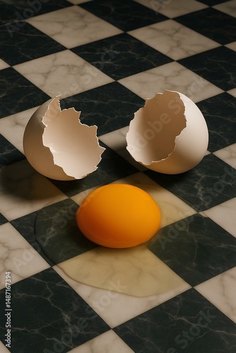 Close-up of a broken egg, a whole yolk and two halves of a cracked eggshell on a textured marble surface with a checkered pattern.