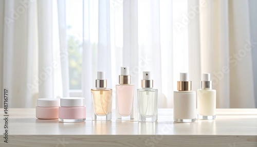 Pastel-colored mini perfume bottles and cream containers on a dressing table