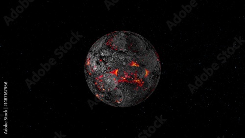 Artistic representation of a scorched alien planet featuring a rough texture with fiery orange lava formations in a vast starry space.