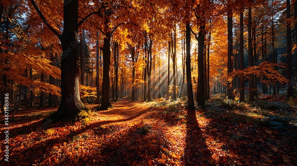 Obraz premium Autumn park with tall trees in background of a blue sky a sunny environment