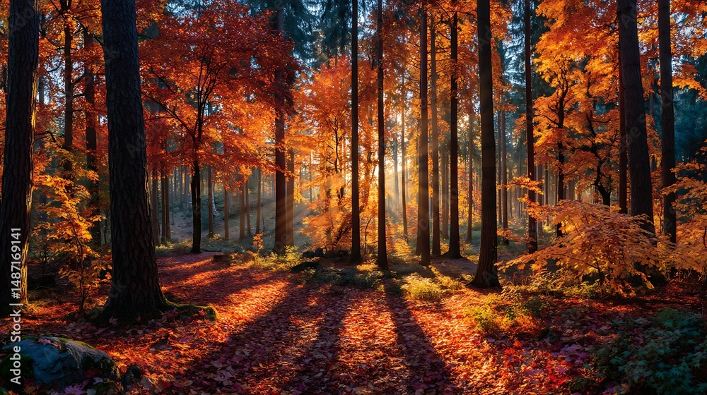 Obraz premium Autumn park with tall trees in background of a blue sky a sunny environment