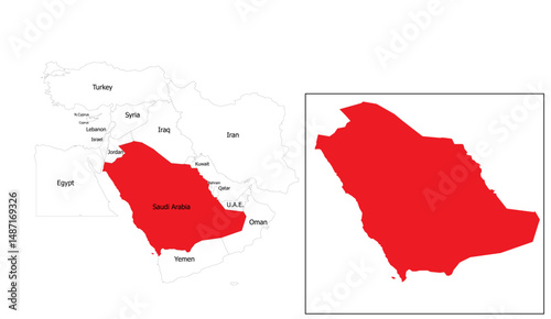 Saudi Arabia Map Illustration: Geographic Outline in Red Highlighting Middle Eastern Borders for Cartographic Use and International Studies