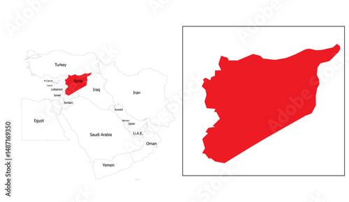 Detailed Red Map of Syria and the Middle East Region, Showing Borders and Locations, Ideal for Geography and Political Studies and Global Awareness Content