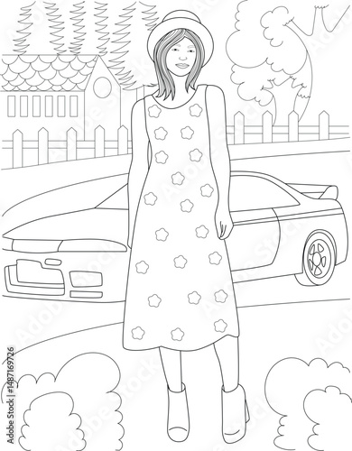 Coloring Page of Woman in 90s Fashion with Car, Black and white line art illustration of a woman in typical 1990s fashion, wearing a floppy hat, a knee-length floral dress, and boots, standing 