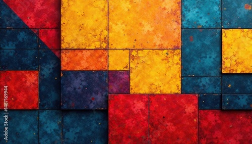 Abstract geometric tapestry, bold color blocks, modern design, pattern, colorful, bold colors