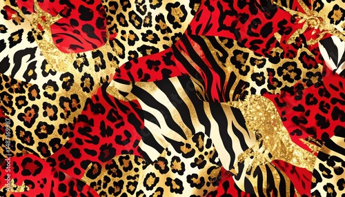 Glamorous Animal Print Background – Bold Leopard, Zebra and Gold Foil Pattern for Fashion Design and Luxury Textile Projects