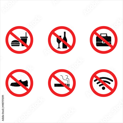 Warning set icon no food, no frink, no internet, no smoking 