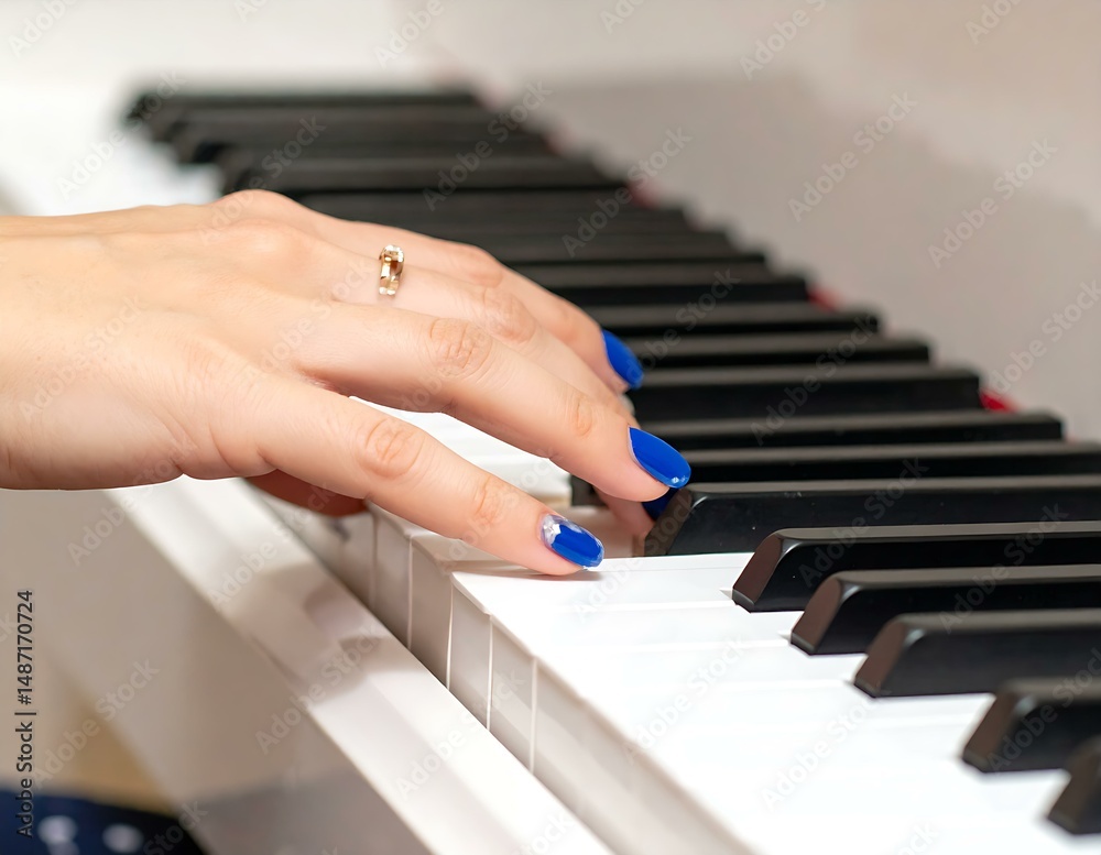 Obraz premium Womans Hand Playing Piano Keys with Blue Nail Polish