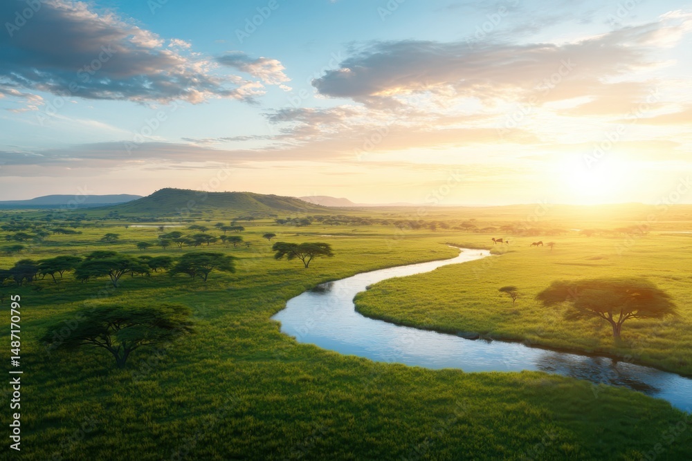 Fototapeta premium Serene river flowing through lush green landscape at sunrise nature scene scenic viewpoint