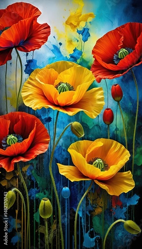 abstract contemporary modern art masterpiece with dramatic red, yellow, green and blue poppy flowers in mixed media HDR style