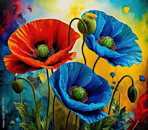 abstract contemporary modern art masterpiece with dramatic red, yellow, green and blue poppy flowers in mixed media HDR style