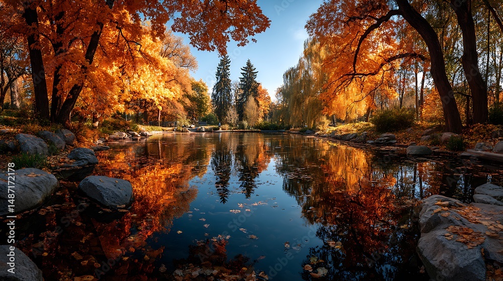 Obraz premium Autumn park with trees in yellow and orange colors, a pond in the background of a blue sky, a sunny day landscape
