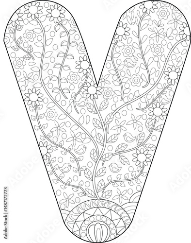 Floral Pattern Alphabet Letter V Coloring Page, An intricate black and white line art illustration of the uppercase letter V from the alphabet, filled with a detailed floral pattern, leaves, small 