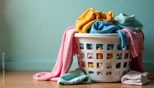 Overstuffed laundry hamper overflowing with dirty clothes and linens , household, messy, towels