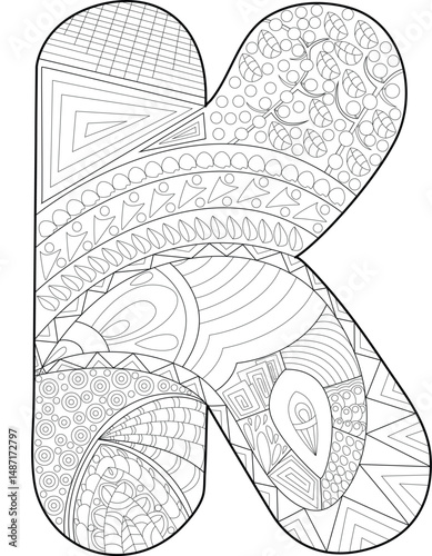 Zentangle Patterned Letter K for Coloring, Intricate black and white illustration of the uppercase letter K filled with detailed zentangle-inspired patterns, perfect for coloring books, educational 