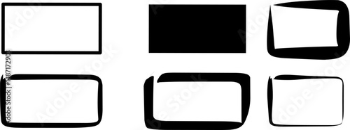 Collection of hand-drawn and solid rectangle frame shapes in black and white. Features a mix of clean, abstract, and grunge styles. Ideal for use in modern design, digital art, labels, templates
