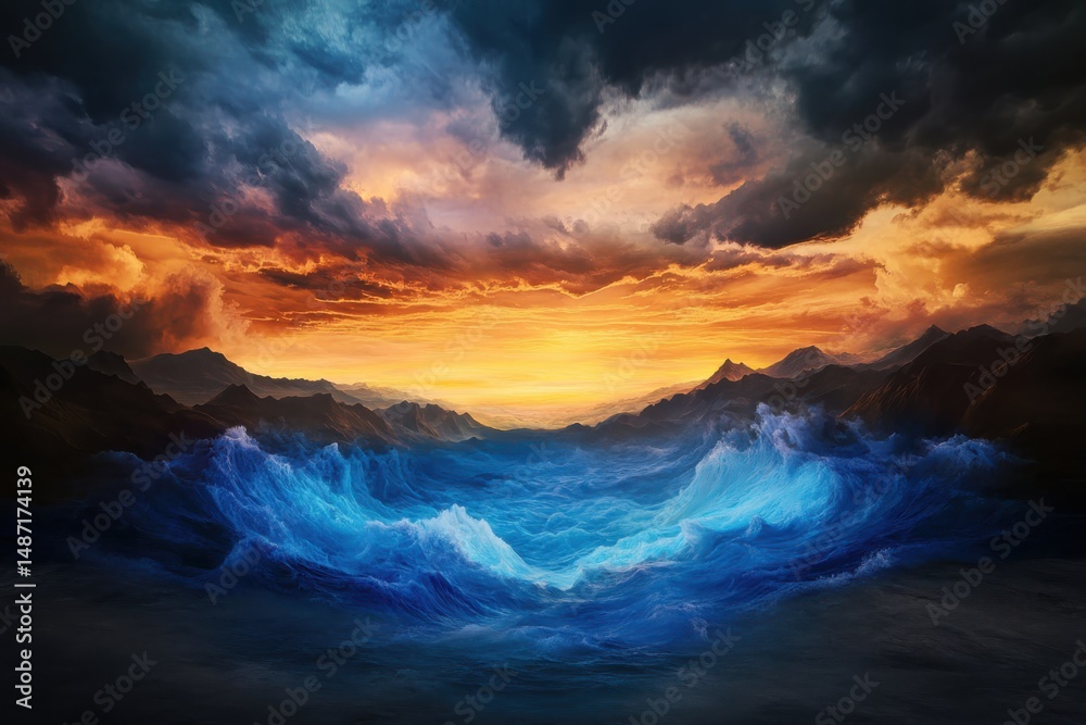 Fototapeta premium Dramatic sunset over turbulent ocean waves remote beach digital artwork serene environment wide angle nature's beauty