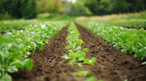 Rows of Lush Green Crops in a Vibrant Farmland Setting