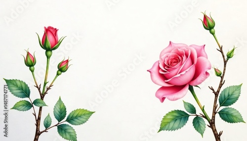 Delicate watercolor rose buds, blooming branches, leaves , spring, nature, floral background