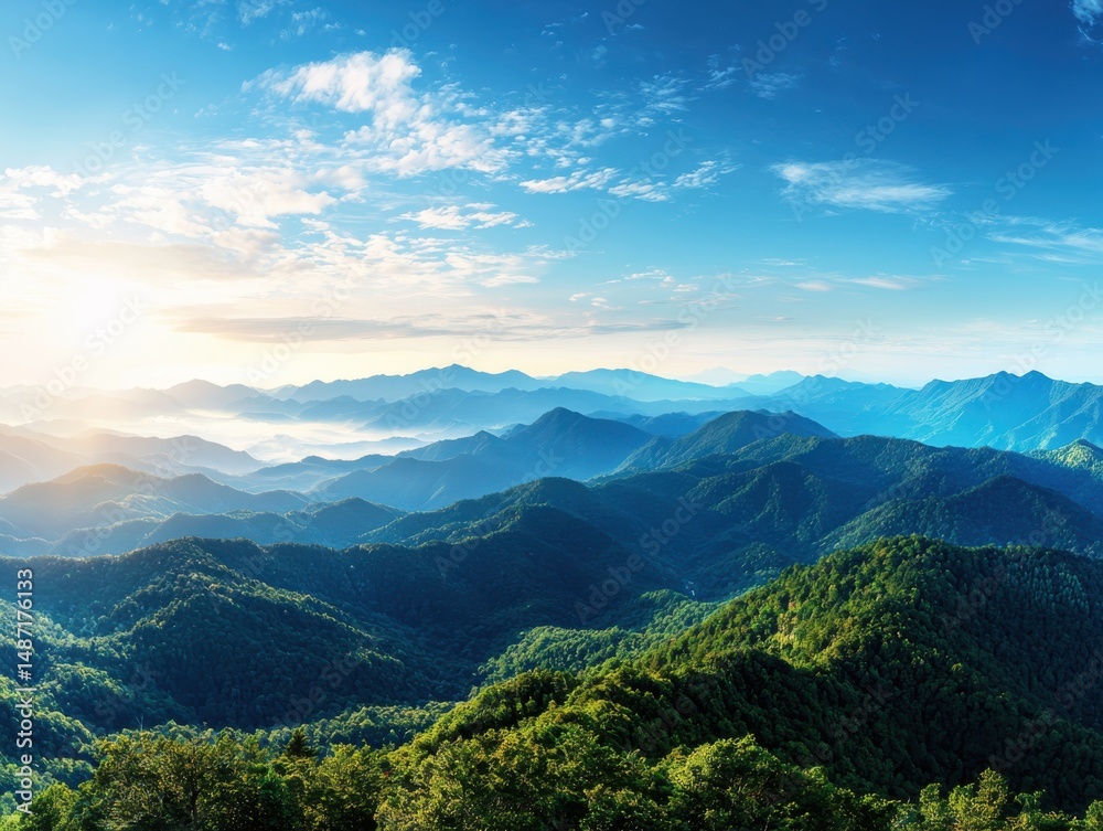 Naklejka premium Breathtaking sunrise over mountain ranges nature landscape scenic viewpoint tranquil environment