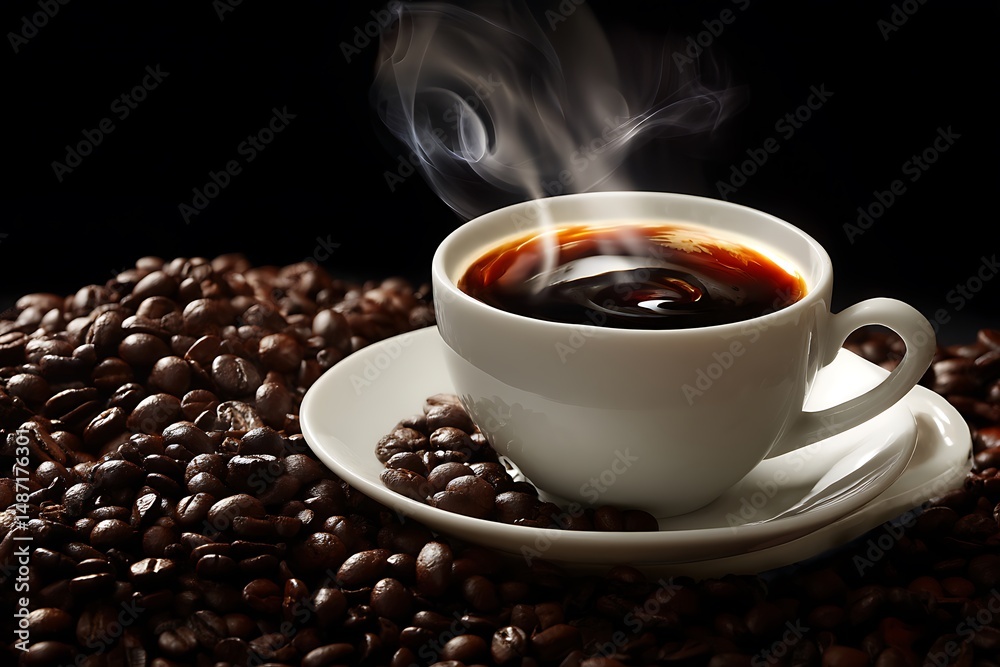 Fototapeta premium Cup of coffee with roasted beans on dark background, closeup
