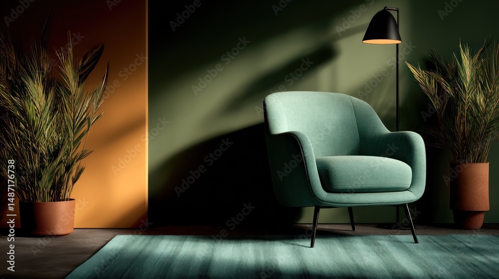 Fototapeta premium Stylish teal armchair in a modern living space.