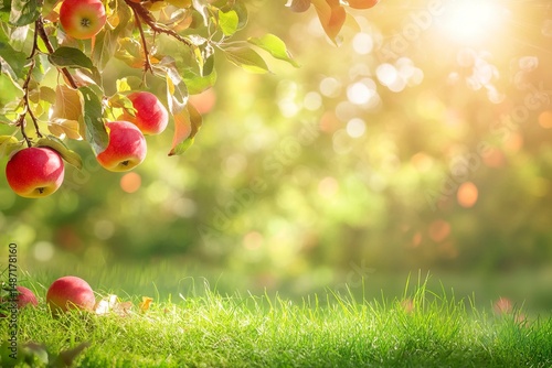Beautiful apple orchard with red apples on the trees and green grass on a sunny day, with a blurred background, a concept for the autumn harvest season, fall time at a farm or orchard garden. 